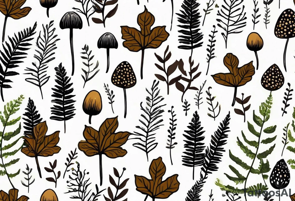 minimalistic forest floor inspired tattoo, which includes grass, moss, curly ferns and dead leaves as the bulk of the tattoo. details to include: forest berries, couple of very small brown mushrooms, a tiny bumblebee flying nearby tattoo idea