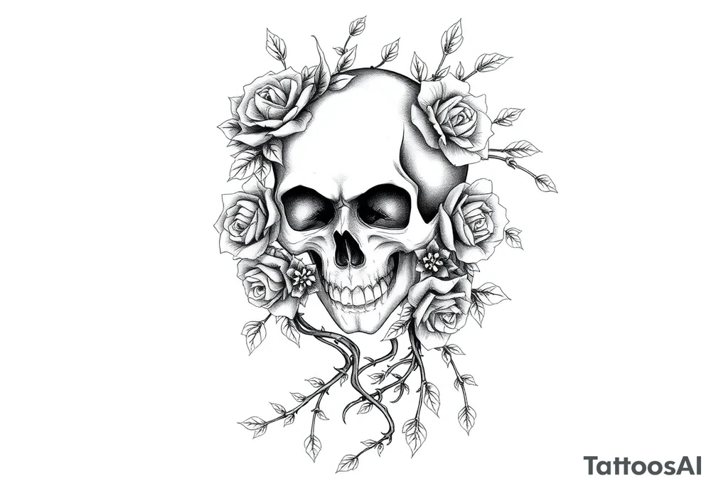 gothic skull intertwined with climbing roses and thorny vines tattoo idea