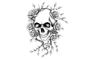 gothic skull intertwined with climbing roses and thorny vines tattoo idea