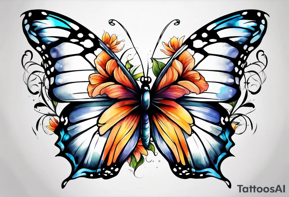 Butterfly and flowers, spine tattoo cover up tattoo idea
