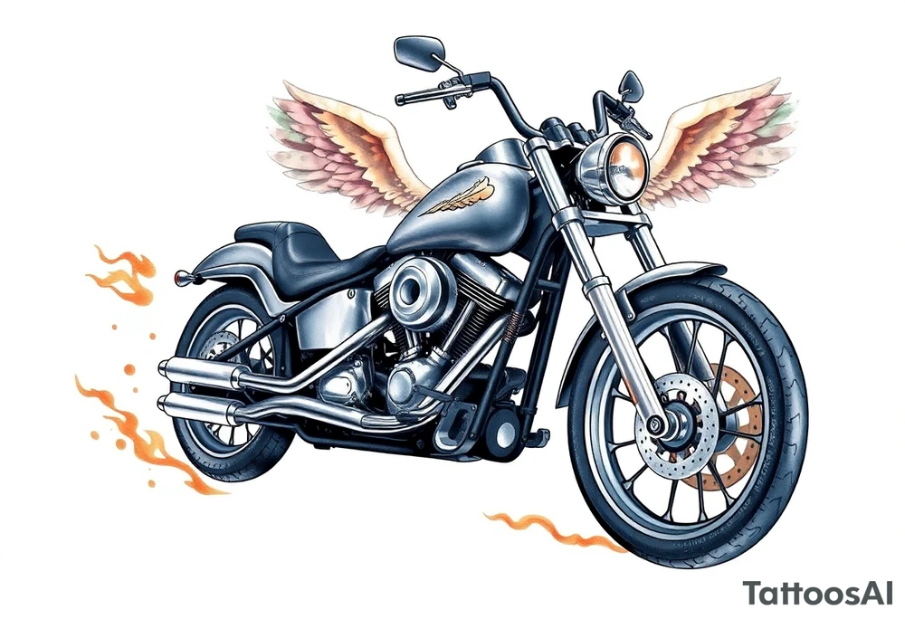 Low rider grey motorcycle, big muffler pipes with flames, angel wings, driving away, no person tattoo idea