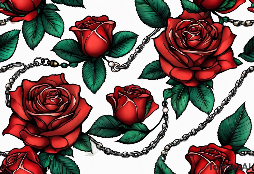 Red rose with a chain made with pearls and a seashell tattoo idea