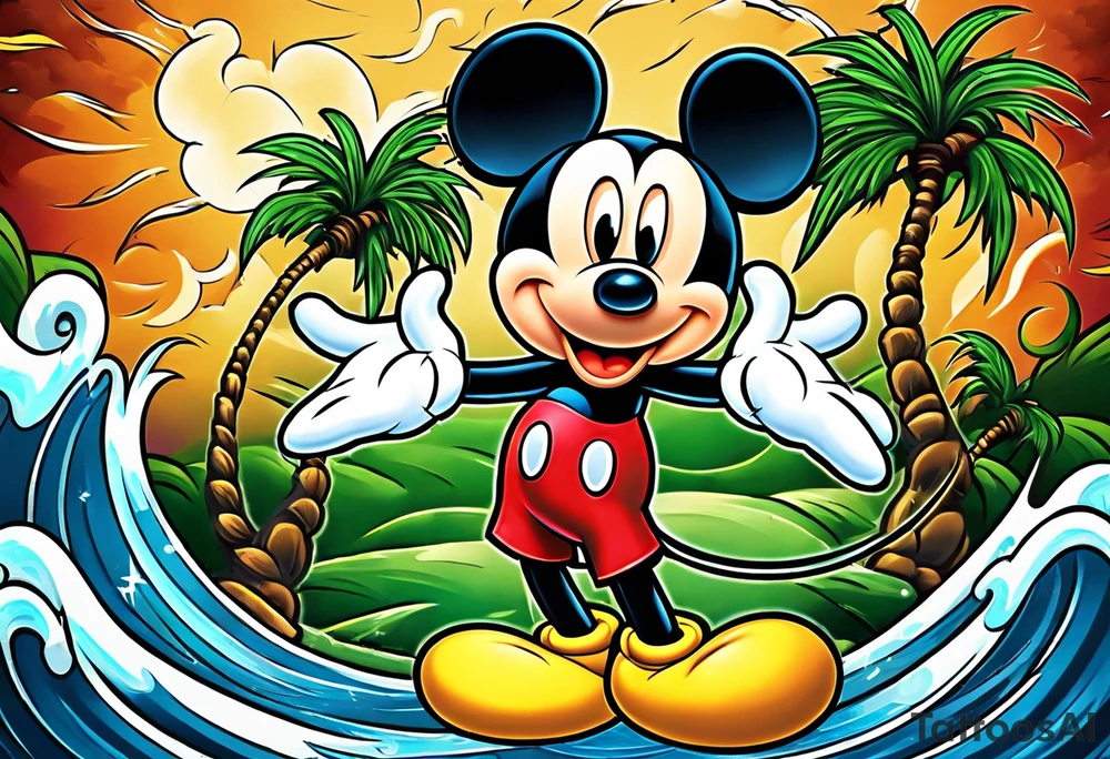 mickey mouse in a lightning storm with palm trees and the celtic symbol for family tattoo idea