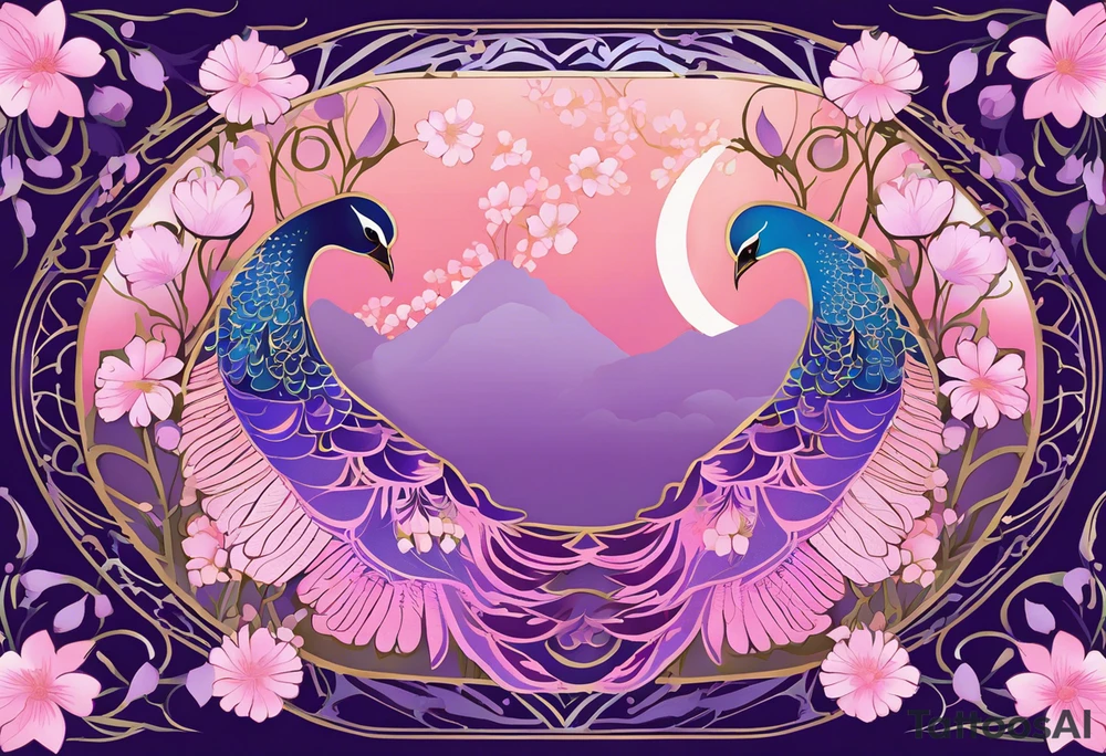 An Art Nouveau-mandala fusion illustration of a twilight sakura garden with glowing peafowls. The garden is filled with pink and lavender sakura blossoms, and exotic peafowls with ethereal, glowing feathers spread their tails. Each feather is decorated with intricate mandala details. The garden is bordered by Art Nouveau-inspired curved lines and delicate scrollwork that lead into concentric circles of cherry blossoms and vines. The color palette is a soft blend of blush pinks, lilacs, and deep indigo, with a hint of golden light illuminating the scene like lanterns. A mist of magic floats around, adding an enchanting glow to this peaceful, floral sanctuary. tattoo idea