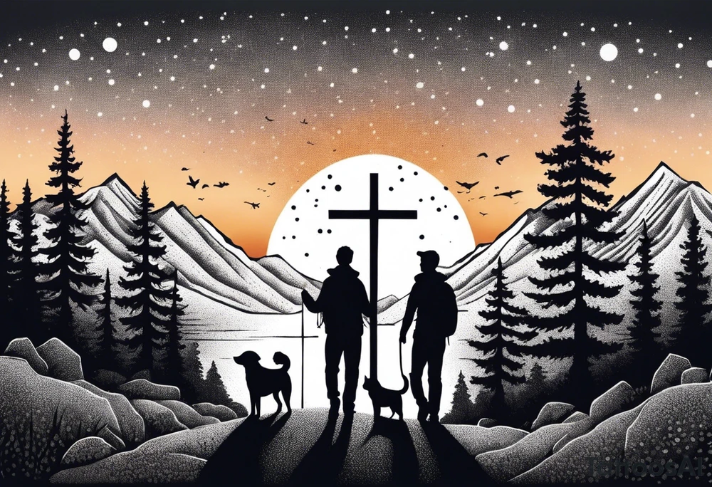 nature, sunset, mountains, a father and son hiking with their dog and cat and a cross tattoo idea