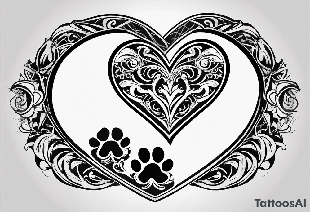 four dog paws with dark background connecting them, individual and disconnected tribal heart above tattoo idea four dog paws with dark background connecting them, individual and disconnected tribal heart above tattoo idea