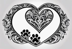 four dog paws with dark background connecting them, individual and disconnected tribal heart above tattoo idea