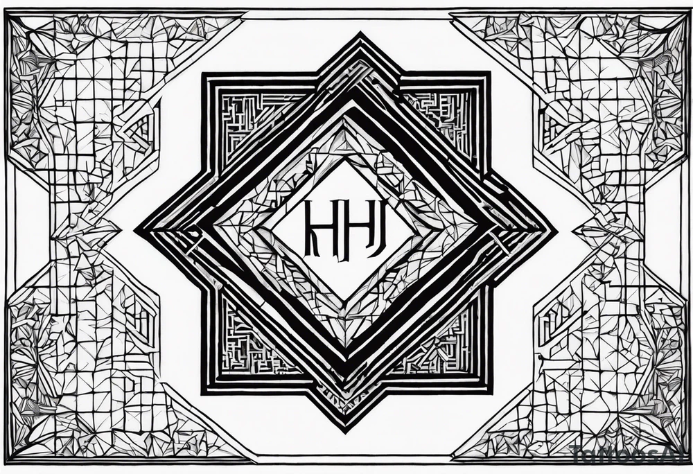 Create a design using a seven-sided polygon based on Kibbutz Be’eri’s borders. Place the Hebrew letters ב, א, ר, י inside the shape, arranged harmoniously with a geometric font, solid fills, and optional decorative patterns, ensuring legibility and aesthetic appeal. tattoo idea