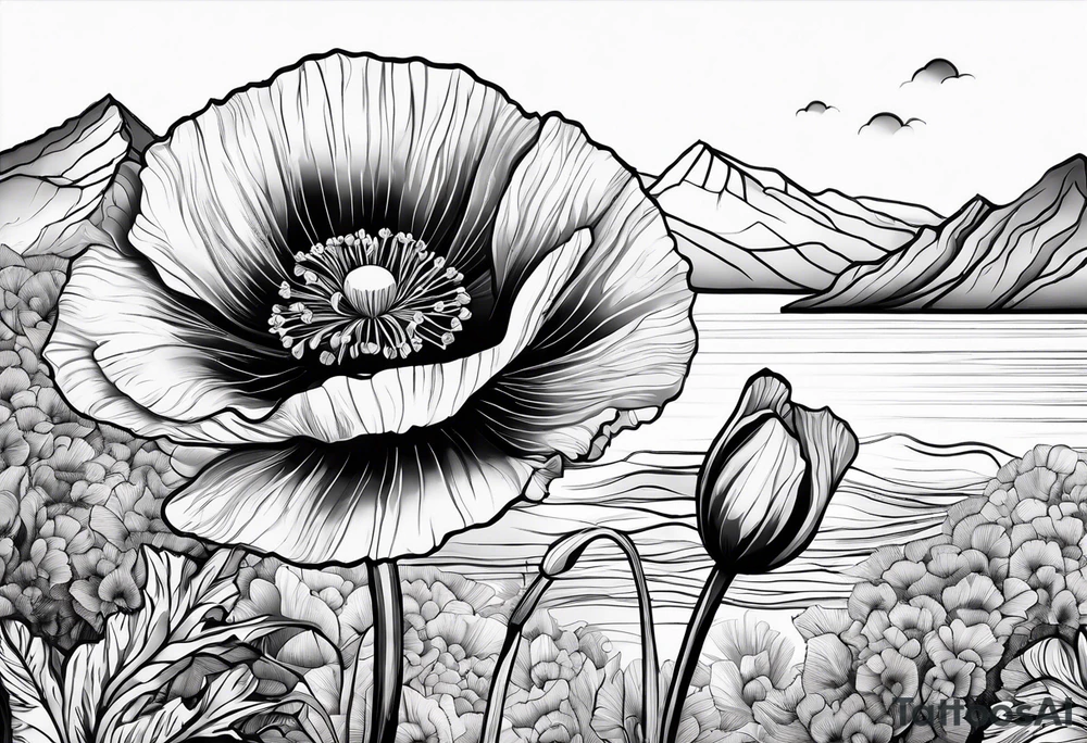 Poppy flower with colorado mountains and the ocean tattoo idea
