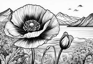 Poppy flower with colorado mountains and the ocean tattoo idea