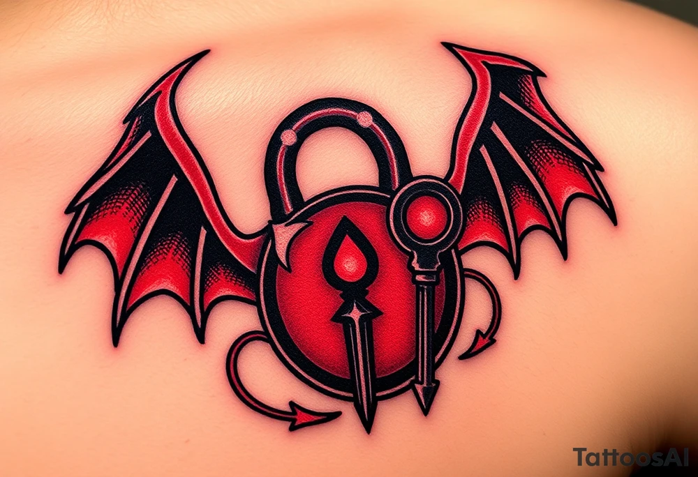 A black and red demonic lock with glowing eyes, with a spiked key floating near it, symbolizing forbidden love tattoo idea