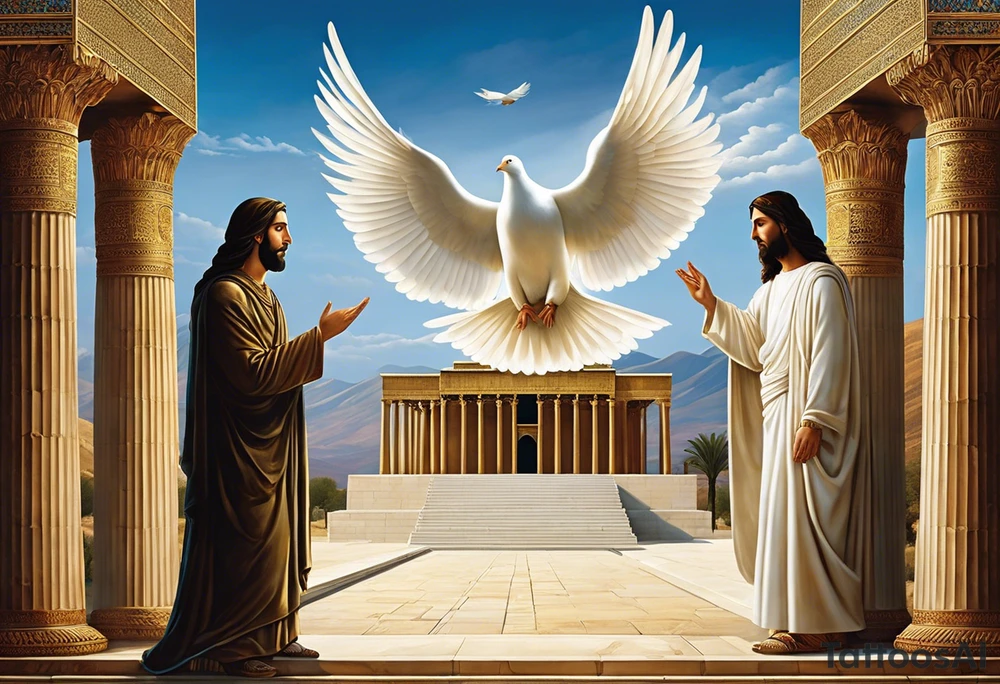 A surreal and dramatic scene featuring two figures: Cyrus the Great and Jesus Christ, standing side by side. The tomb of Cyrus the Great is in the background, partially visible, symbolizing history and legacy. A white dove is flying gracefully above or near them, symbolizing peace. The image is integrated seamlessly to create a powerful and unified visual representation. The composition should evoke a sense of reverence, unity, and tranquility. tattoo idea