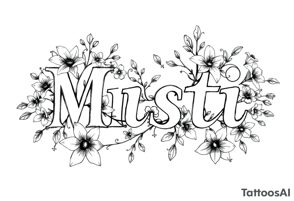 The word Misti surrounded by flowers, lilies. Vine in the letters. tattoo idea