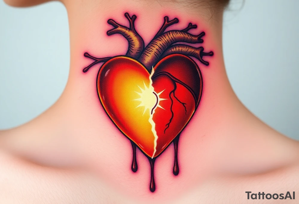A bright golden heart, surrounded by soft, heavenly light, contrasted with a cracked, bleeding heart, dripping with deep crimson and black ink, signifying the contrast between joy and sorrow, life and death. tattoo idea