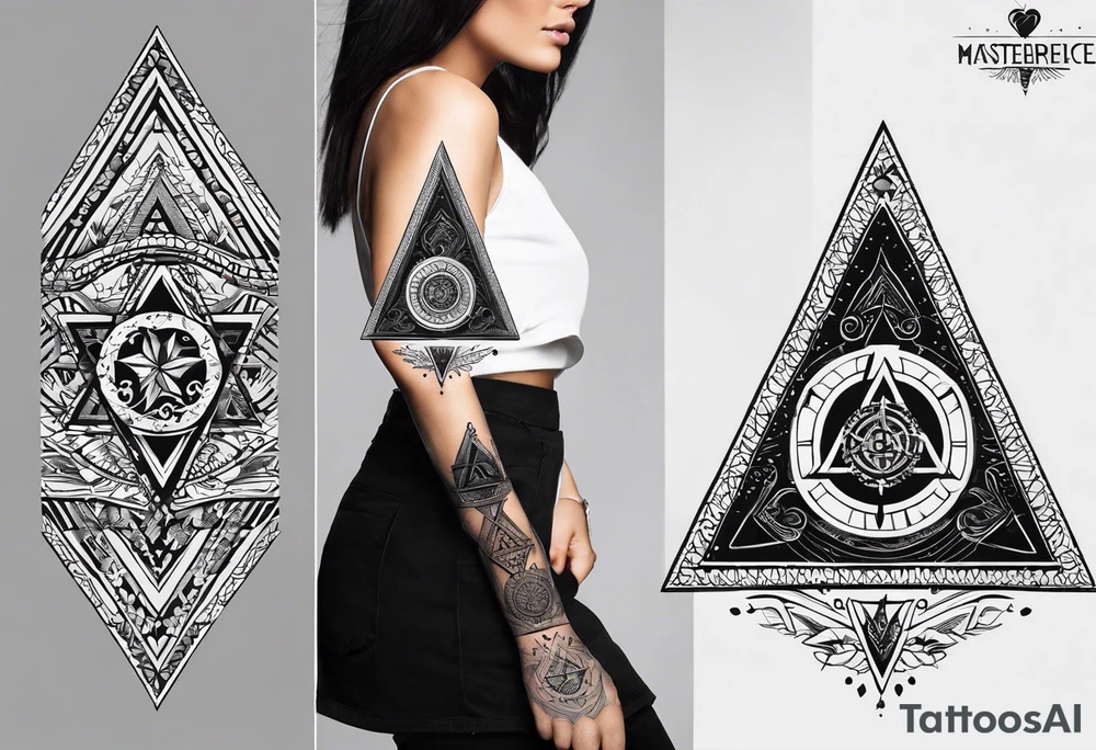 Fine line tattoo in the left forearm on the bottom side. The tattoo will have three shapes placed in a triangle formation. The top shape will be a either a plus sign or a heart that symbolizes health. The bottom left will have a compass rose or a shape symbol for purpose. The bottom right will have three circles placed in a triangle formation to symbolize family tattoo idea