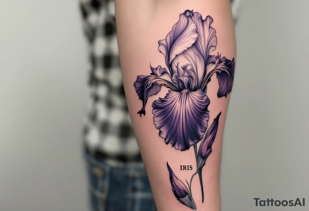 big iris flower with the name “IRIS” written in the stem of the flower on the outside of the forearm tattoo idea