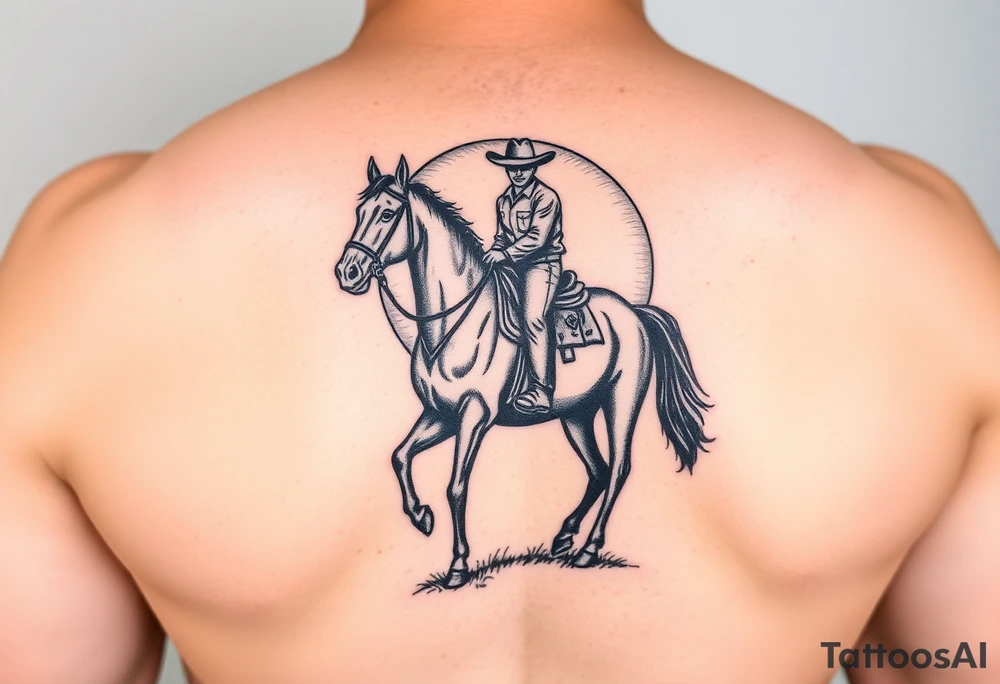 Cowboy riding a horse
 against a sunset tattoo idea