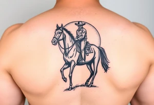 Cowboy riding a horse
 against a sunset tattoo idea
