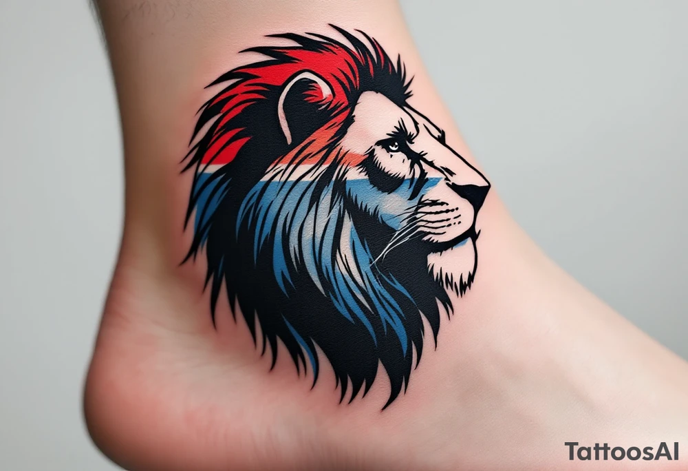 A minimalist Czech lion silhouette, outlined in bold black ink with red and blue shading, creating a modern and clean design. tattoo idea