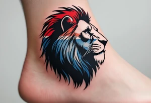A minimalist Czech lion silhouette, outlined in bold black ink with red and blue shading, creating a modern and clean design. tattoo idea