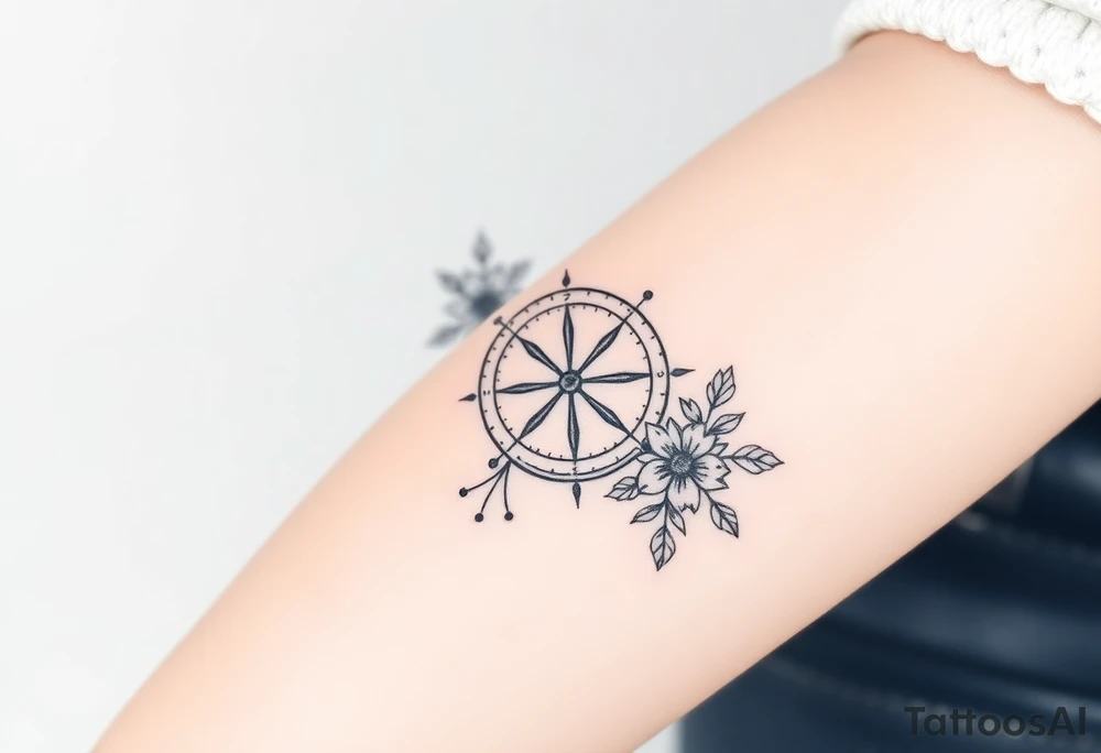 Compass with cursive letters with dot work flowers flowing above and below the compass tattoo idea