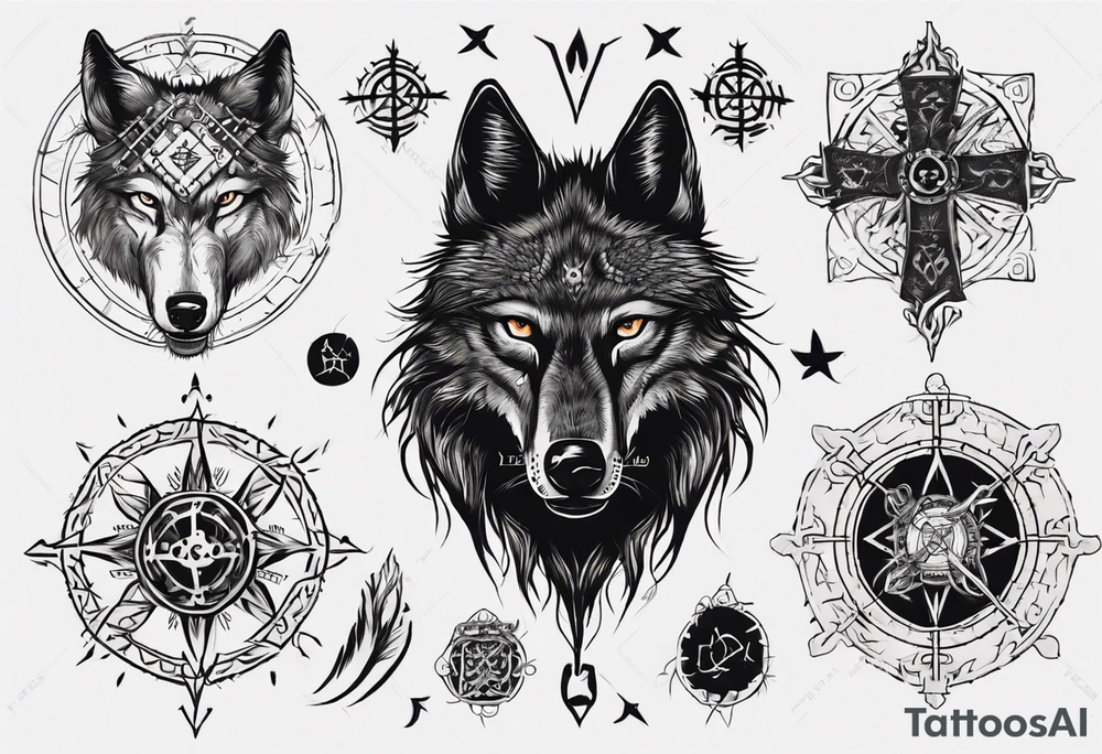 Black wolf with Vegvísir on its forhead tattoo idea