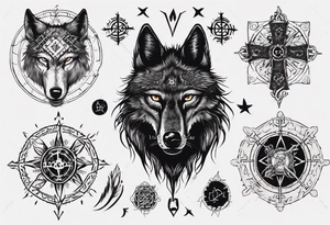 Black wolf with Vegvísir on its forhead tattoo idea