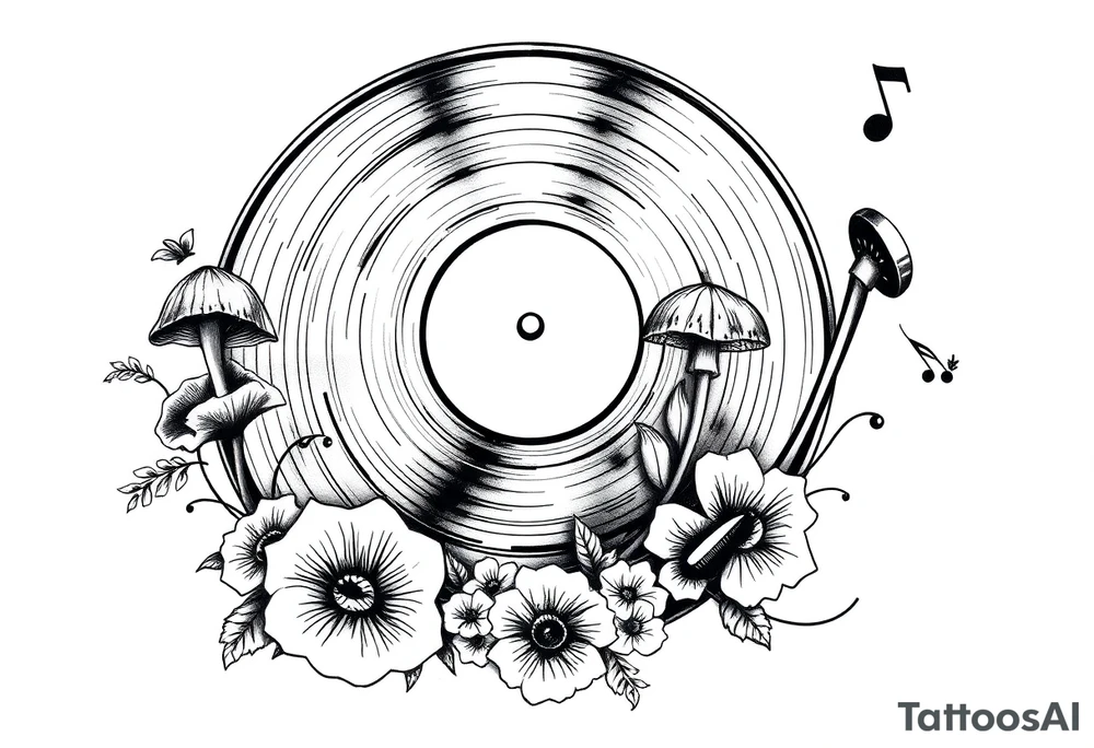 black and white vinyl record player with mushrooms, flowers, and music notes around it tattoo idea