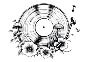 black and white vinyl record player with mushrooms, flowers, and music notes around it tattoo idea