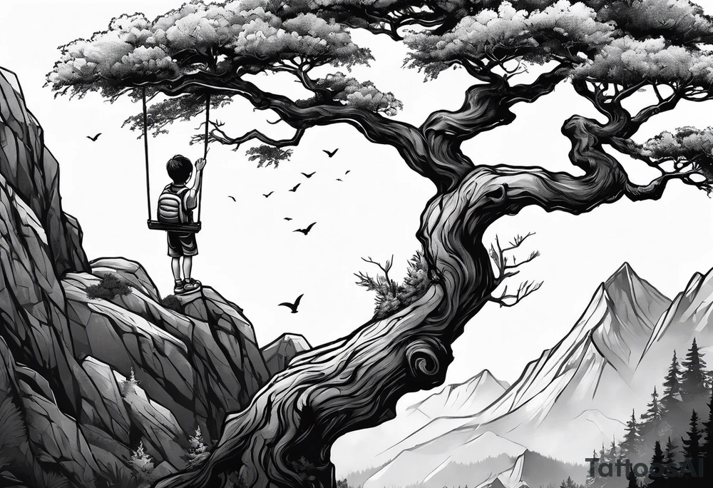 Kid hanging to a branch from a tree on a mountain cliff tattoo idea Kid hanging to a branch from a tree on a mountain cliff tattoo idea