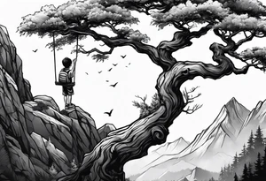 Kid hanging to a branch from a tree on a mountain cliff tattoo idea