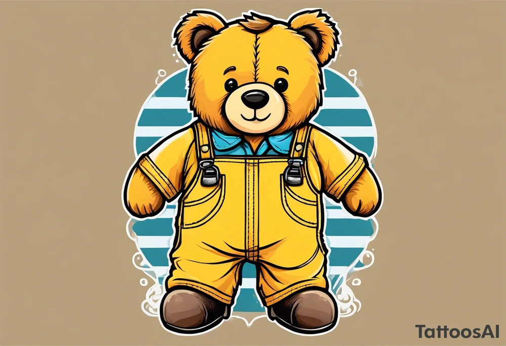 image of the back of a light brown teddy bear standing in yellow overalls, striped tank top and wearing boots tattoo idea