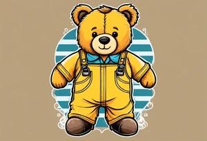 image of the back of a light brown teddy bear standing in yellow overalls, striped tank top and wearing boots tattoo idea