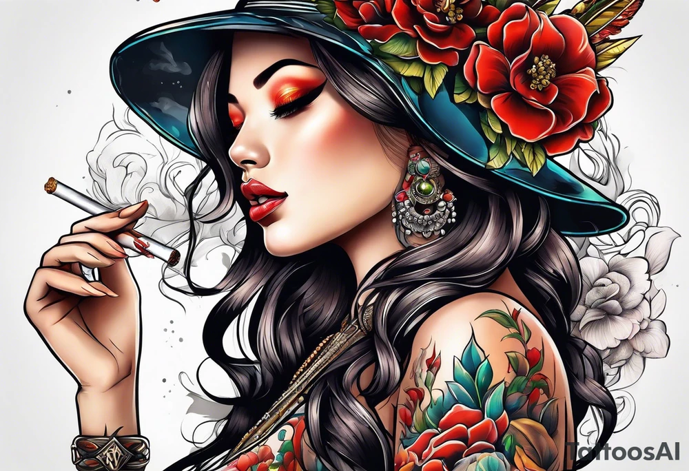 woman smoking cigarette tattoo idea