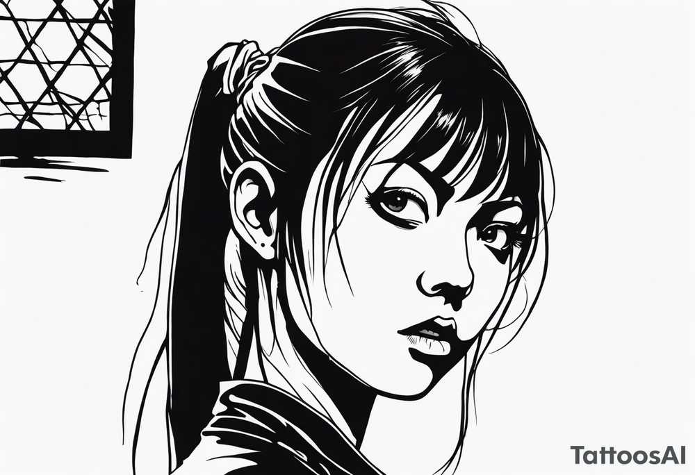 portrait of tomie standing up a character by the horror manga author junji ito full body standing murderously. add more horror and gore elements tattoo idea