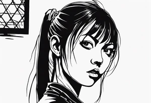 portrait of tomie standing up a character by the horror manga author junji ito full body standing murderously. add more horror and gore elements tattoo idea