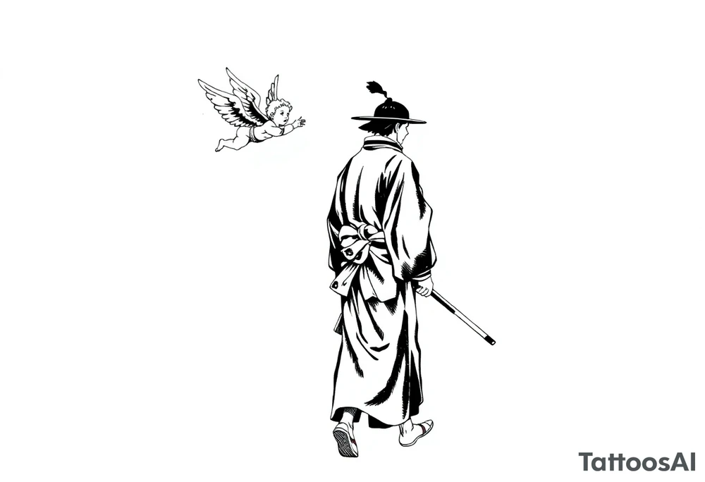 A solemn Japanese samurai (or ronin) in traditional hakama and kimono, walking in profile view. A small winged cherub or angel is floating behind him, reaching out with its hand towards his back. Black and white ink sketch, high contrast, monochrome, manga style, clean lines, dynamic composition, with ink splatter details on a white background. --ar 1:1 tattoo idea
