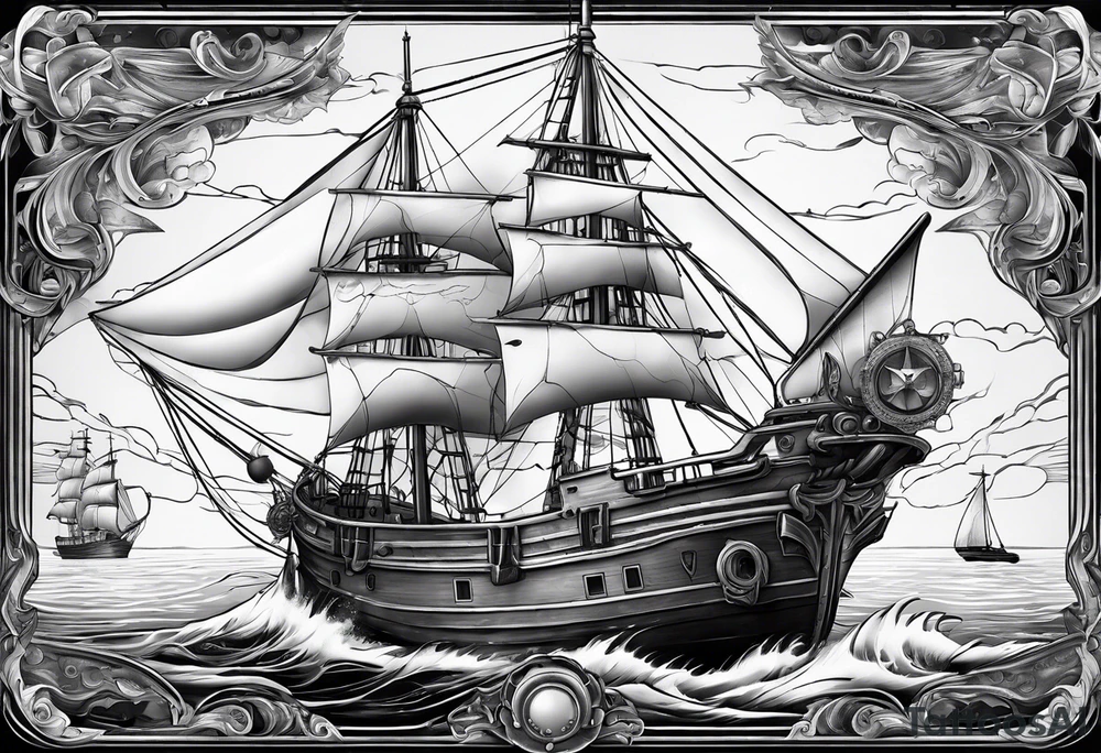 ghost marine lighthouse behind the bow of a sailboat. tattoo idea
