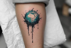 A melting Earth tattoo in icy blue and dull green drips dramatically down the calf. tattoo idea