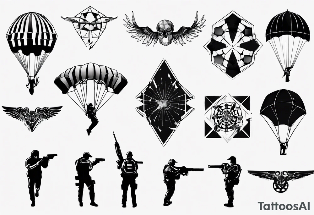 man parachute and shooting guns tattoo idea