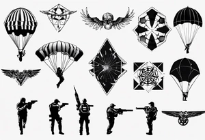 man parachute and shooting guns tattoo idea