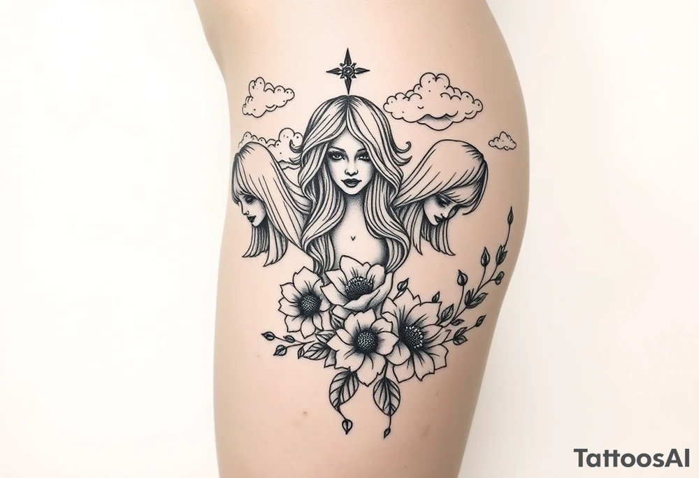 Sexy naked seven deadly sins with clouds and floral tattoo idea