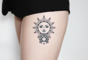 Traditional sun with simple face, Sun, rose and crab tattoo idea