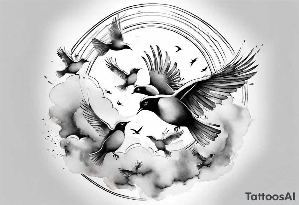 shoulder tattoo with light rays with birds flying free among the clouds, round shape, 3d effect tattoo idea