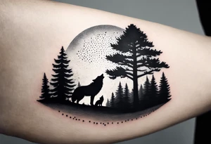 pine tree line fade landscape wolf night tattoo idea