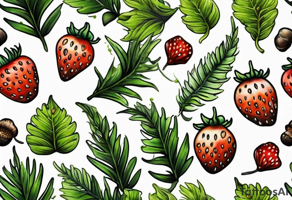 forest floor inspired realistic tattoo, which includes grass, curly ferns and dead leaves as the bulk of the tattoo. details to include: three very tiny strawberries, couple of VERY small mushrooms, a tiny bumblebee flying nearby tattoo idea
