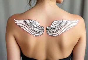 A pair of white angel wings spanning the full back length, representing spiritual freedom and protection. tattoo idea