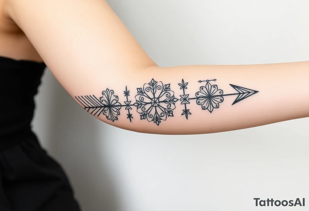 Geometric arrow with 5 Symbolic elements for each family member. Two base elements for my husband and I, intertwined floral patterns like mirrored vines or spiral paisleys representing our identical twins, and a Gemini zodiac sign for my son. Use feminine-yet-bold linework and Interconnected elements to reflect family unity tattoo idea