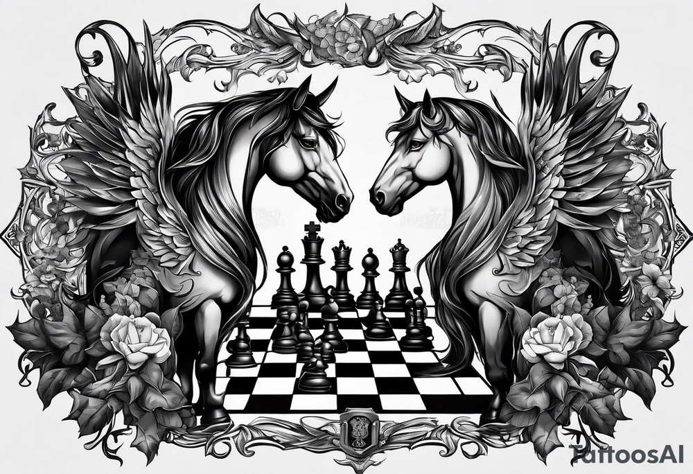 Design featuring a chessboard with angelic and demonic chess pieces engaged in a strategic game, symbolizing the eternal battle between opposing forces. tattoo idea