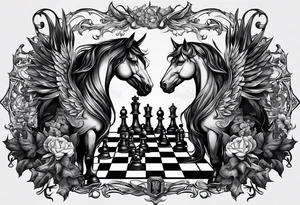 Design featuring a chessboard with angelic and demonic chess pieces engaged in a strategic game, symbolizing the eternal battle between opposing forces. tattoo idea